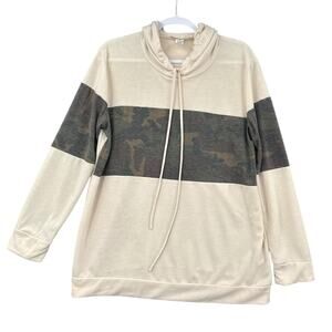Love Kuza Beige‎ Long Sleeve Drawstring Hood Camo Stripe Casual Hoodie XL